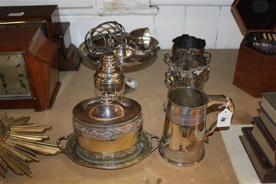 Cased mother of pearl knives and forks, plated biscuit barrel and other plated ware